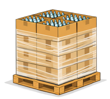 Glass jars and bottles packed in boxes on a pallet