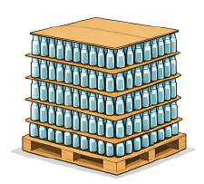 Glass jars or bottles arranged in layers on a bulk pallet